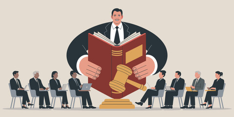 chairman presenting law book to the board of directors, vector illustration for corporate governance, board meetings and legal company policy