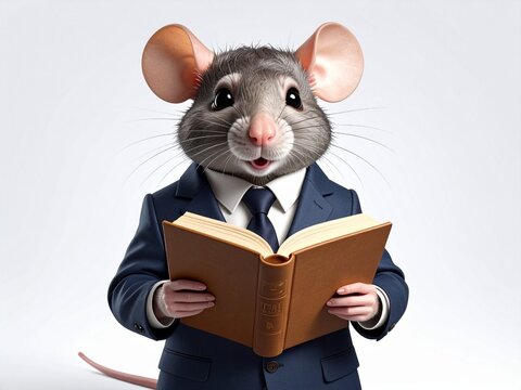 Abstract illustration of a mouse wearing a suit and bow tie, reading a book 