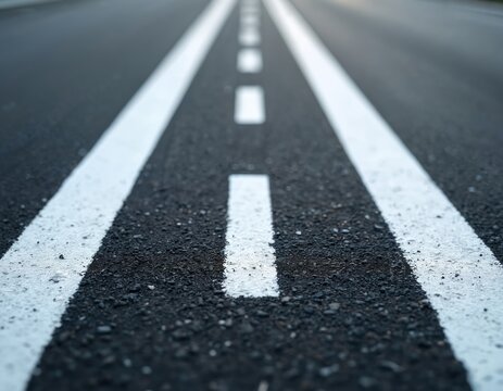 Close-up asphalt road with newly painted dashed lane markings. Smooth surface creates leading lines for design projects. White lines on black top, highway safety infrastructure concept.