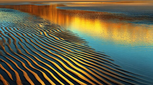 Sand ripples glisten near the shore during sunset, reflecting golden hues