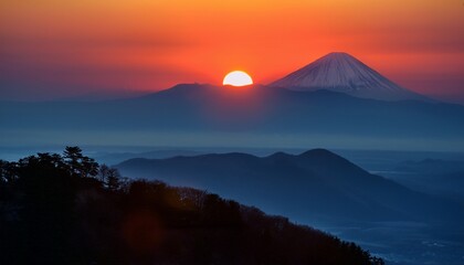 landscape mountain with a red sun rising concept of japan
