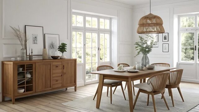 Bright dining room with wooden table chairs sideboard and woven pendant light fixture visible