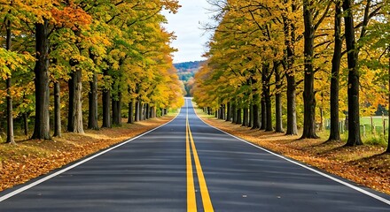Obraz premium Autumn Road: A picturesque drive through a tunnel of golden trees on a crisp fall day.