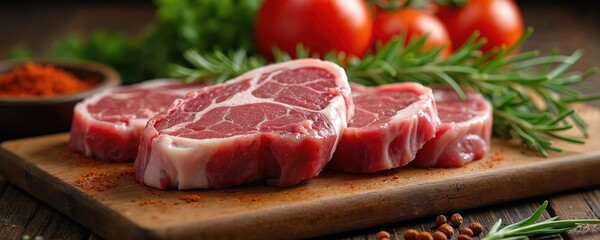 Raw lamb chops on wooden cutting board with spices and fresh herbs. Red meat cutlets, cooking ingredients with tomatoes and rosemary, culinary meal. Butcher shop products for bbq party.