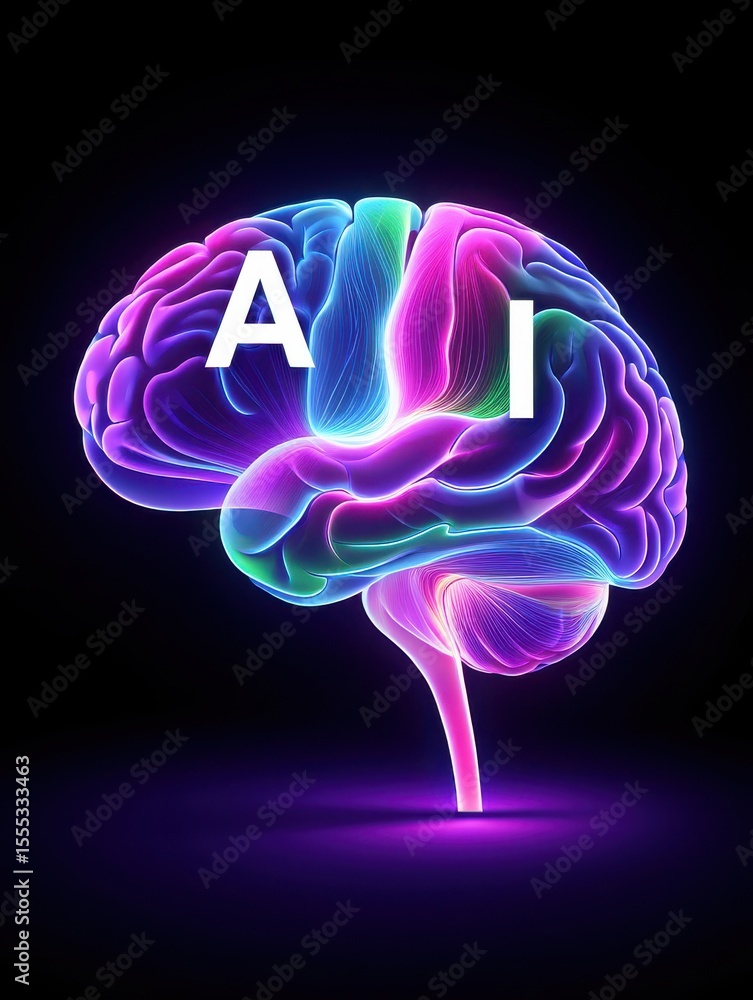 Poster a vibrant illustration showcases a brain illuminated with neon colors symbolizing the advanced capab