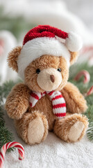 A cute brown teddy bear wearing a red and white striped scarf and a Santa hat. The bear is surrounded by Christmas decorations and candy canes.
