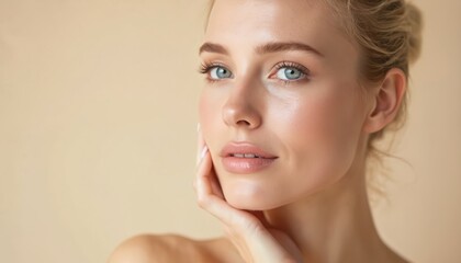 Beautiful young blonde woman with clean fresh skin. Model with healthy skin, blue eyes close up portrait on beige background. Cosmetology beauty spa facial therapy.