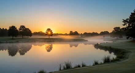 Obraz premium Misty Golf Course Sunrise with Starburst and Reflections