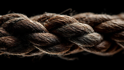 Closeup view of a thick brown rope, its intricate texture highlighted against a dark background