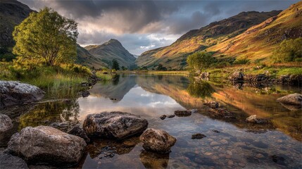 Serene lake with mountain reflection and foreground rocks under dramatic sky