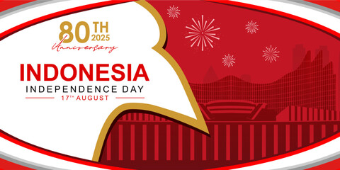 Banner or poster design for the 80th Indonesian Independence Day in 2025 with the silhouette element of the Nusantara Building at the IKN.