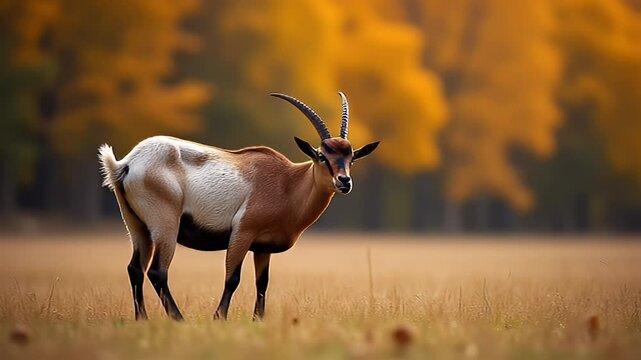 Brown and White Mottled Capra Hircus with Curved Horns in an Autumn Meadow