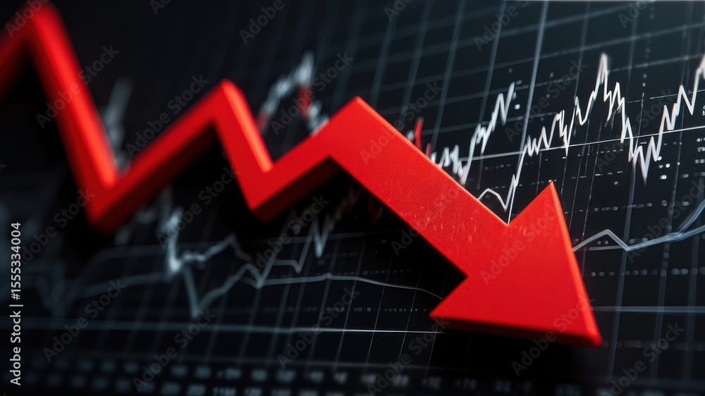 Poster a striking red arrow indicates a decline on a financial chart filled with jagged lines and graphs. t