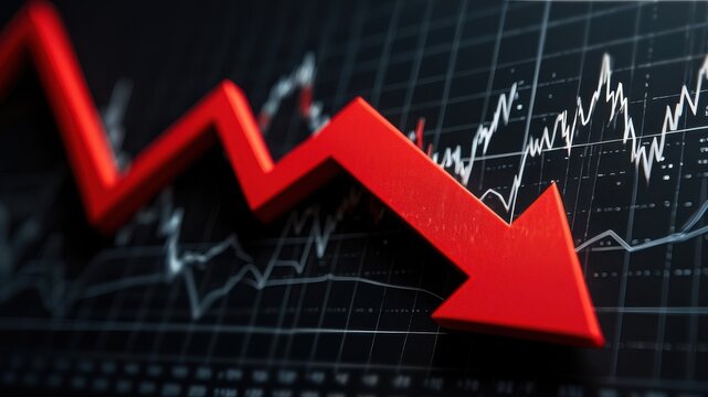 A striking red arrow indicates a decline on a financial chart filled with jagged lines and graphs. The backdrop highlights fluctuating market trends and economic challenges.