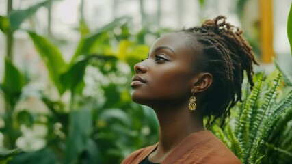 Black woman with earrings, meditative pose among greenery, teaching wellness