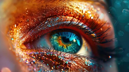 Close-up of a human eye with shimmering makeup effects