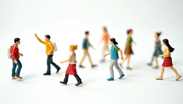 Colorful miniature figurines people walking on white background. Group of small figures represents diverse population, urban lifestyle, casual attire. Figures walk, interact. Abstract concept, city
