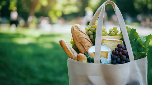 A delightful outdoor picnic with a variety of French snacks including bread, cheese, grapes, and fresh fruits.