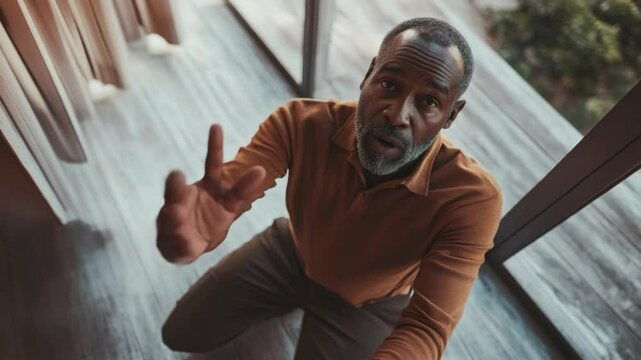 An African American man with graying hair, dressed in a brown suit, kneeling with hands open wide as if in supplication or gratitude.