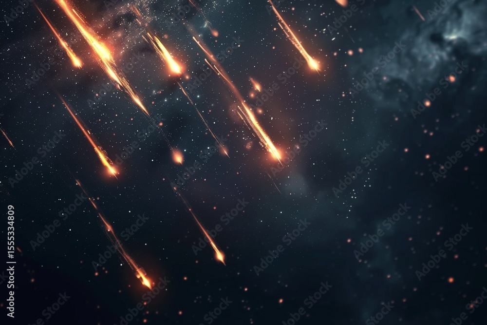 Canvas Prints clean dark background with multiple glowing meteors streaking across, minimalist sci-fi style.
