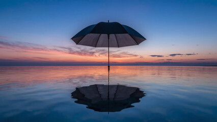 umbrella floating above reflective ocean at twilight.