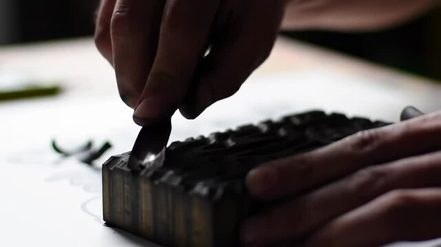 Intricate block printing process hands apply ink to carved wood block
