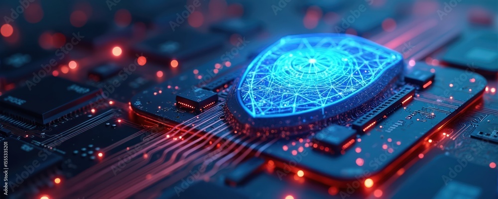 Poster digital shield on computer motherboard. technology concept data protection in cyberspace. cybersecur