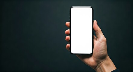 Hand holding a modern smartphone with a blank white screen against a dark background perfect for app or website mockup.