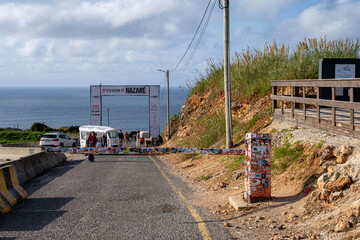 Nazare, Portugal, December 2, 2024. View of the blocked road leading to big wave surfing event area...