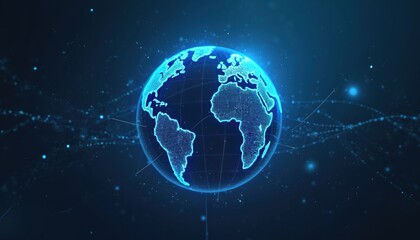 Futuristic illustration of global network with glowing blue digital planet, abstract connected lines. Represents global communication, technology, internet, worldwide connections, digital