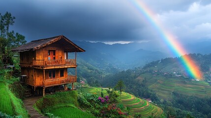 Wooden house on terraced rice paddy landscape with rainbow.