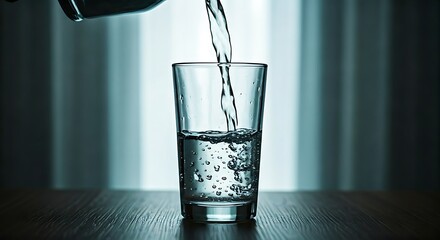 Refreshing hydration: Crystal clear water being poured into a glass on a dark wooden surface, creating a sense of purity and well-being.