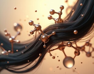 Black hair intertwined with molecular structures. Beauty, science in harmony, hair care, health, innovation. Illustration of cosmetic fiber, organic realism detail closeup aesthetic, growth, biology,