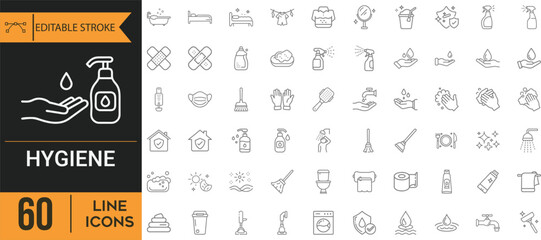 Collection Of Modern Editable Thin Stroke Line Style Hygiene Icons Set Related Cleaning, Disinfection, Soap, Bathing, Sweep, Shower, Washing Hands, Clean And Sanitation Vector Illustration
