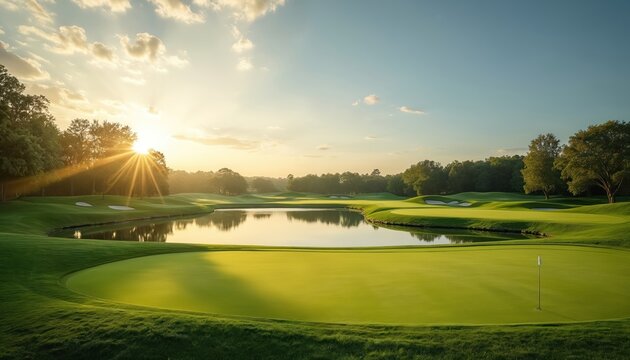 Scenic golf course at dawn with a beautiful green fairway and lake in the sun. Peaceful golf course landscape with copy space for events or promotion. Morning light, sunlight on golf course. Golfing.
