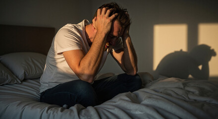 A man holding his head while sitting on a bed. Stress. The man is experiencing inner suffering due to being fired or after a divorce