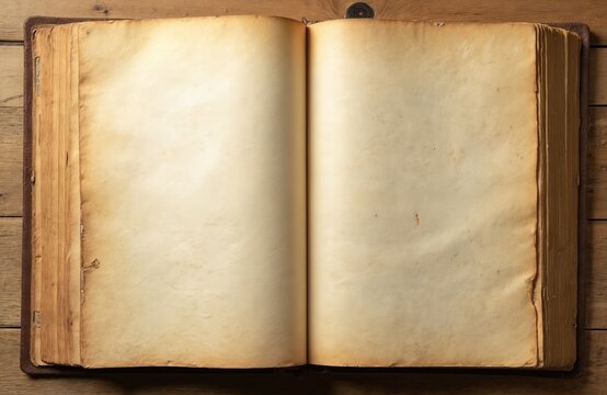 Open old book with blank yellow pages. Aged vintage style, textured paper, brown wooden background. Antique blank diary notebook. History of education, reading, writing. Ready write text, design, add