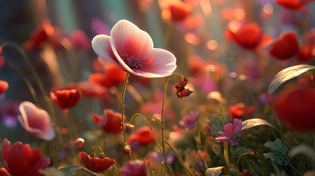 A field of vibrant red poppy flowers in full bloom - Powered by Adobe
