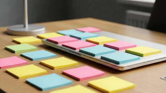 Colorful sticky notes scattered on wooden desk beside laptop  