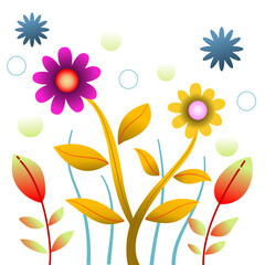 Vivid abstract floral depiction with vibrant flowers, leaves, and geometric designs, emanating a cheerful mood.