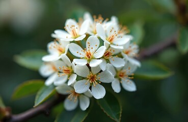 Fototapeta premium Close-up of hawthorn flowers. White blossoms on tree branch, Crataegus oxyacantha, with green leaves and blurred background. Perfect for botany, herbal medicine, spring or summer design.