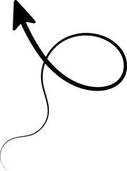 Curved arrow featuring a distinct loop and additional curl, both tapering progressively.