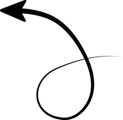 Arrow forms a loop within its curved path and thins progressively.