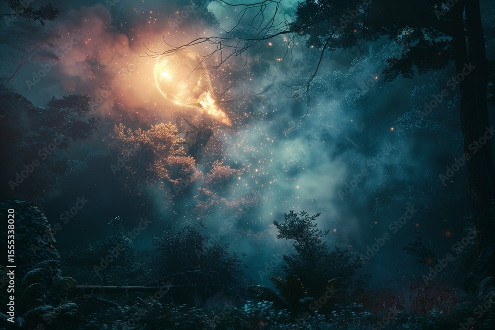 Wall mural giant glowing meteor landing in enchanted forest at night, surreal lighting, mist and magical atmosp