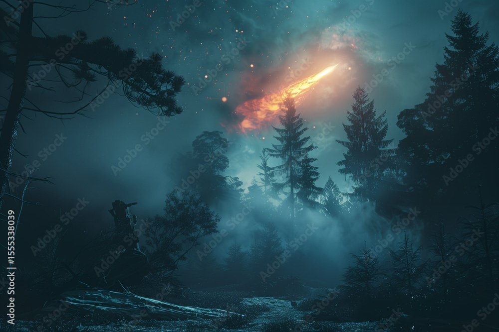 Wall mural giant glowing meteor landing in enchanted forest at night, surreal lighting, mist and magical atmosp