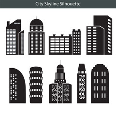 A vector illustration featuring silhouette of various buildings in a cityscape style perfect for use in urban themed design, wallpaper, Clipart, stickers, templates, design materials,etc