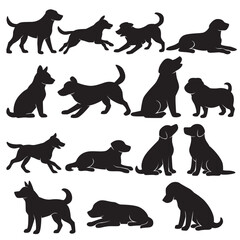 Illustration vector graphics of A collection Of  dog silhouette  with various dynamic poses perfect for animals themed projects, background, Clipart, stickers, design materials,etc