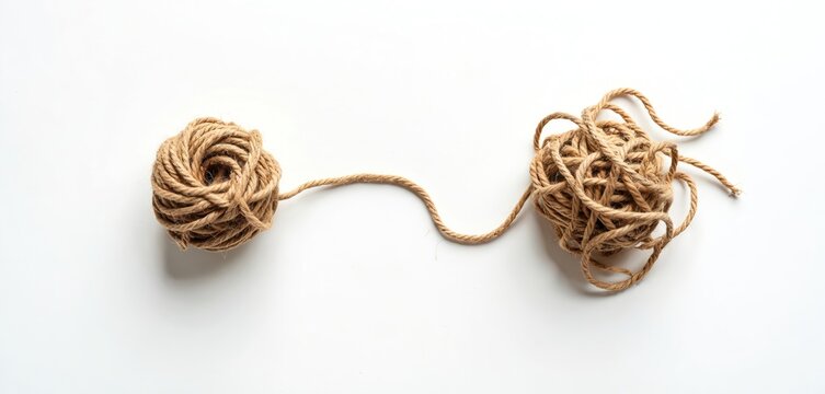 Tangled, untangled concept with two rope balls on white background. Simple start turns complex, confusing. One part organized, another messy. Difficult choice between simplicity and chaos.