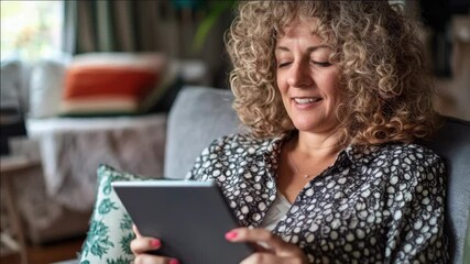 Woman enjoying a leisure moment with her tablet, engrossed in digital content. Representative of modern lifestyle and the ease of access to information and entertainment.