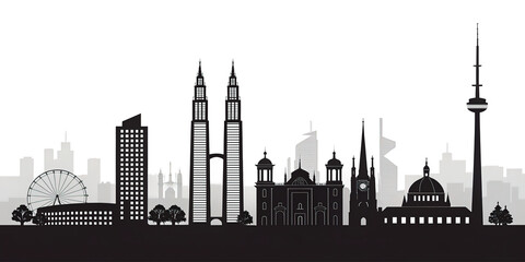Black and White Line Art Skyline of European Cities - Travel Landmark Illustration

